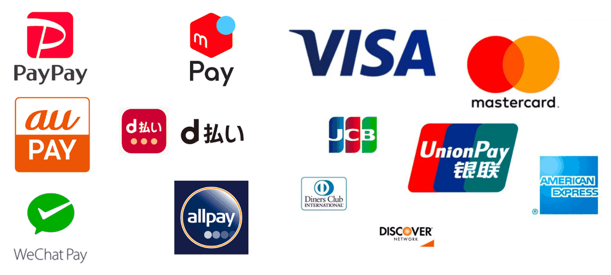 ご利用いただける決済ブランド（PayPay・楽天ペイ・au PAY・d払い・メルペイ・WeChat Pay・Alipay・Visa・Mastercard・JCB・American Express・Diners Club・Discover・UnionPay 銀聯）